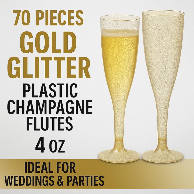 Oojami أوجامي 70 قطعة كؤوس شامبانيا بلاستيكية كلاسيكية بريق ذهبي لحفلات الزفاف والتصفيق في الحفلات وكؤوس الكوكتيل - Image 2